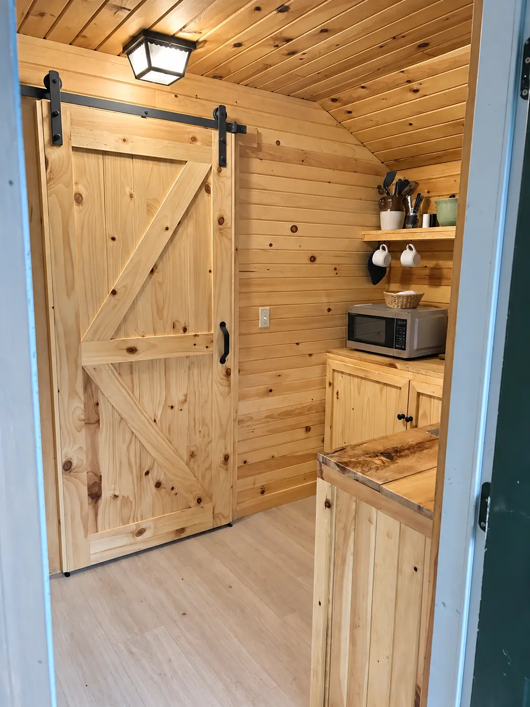 Entry looking through to the kitchenette and barn door