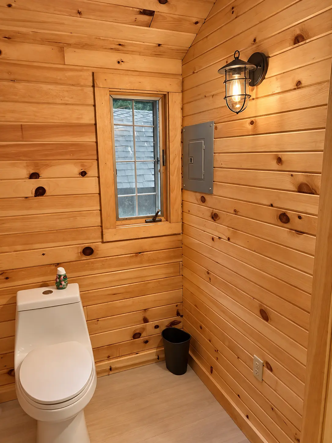 Restroom with a window and wall light